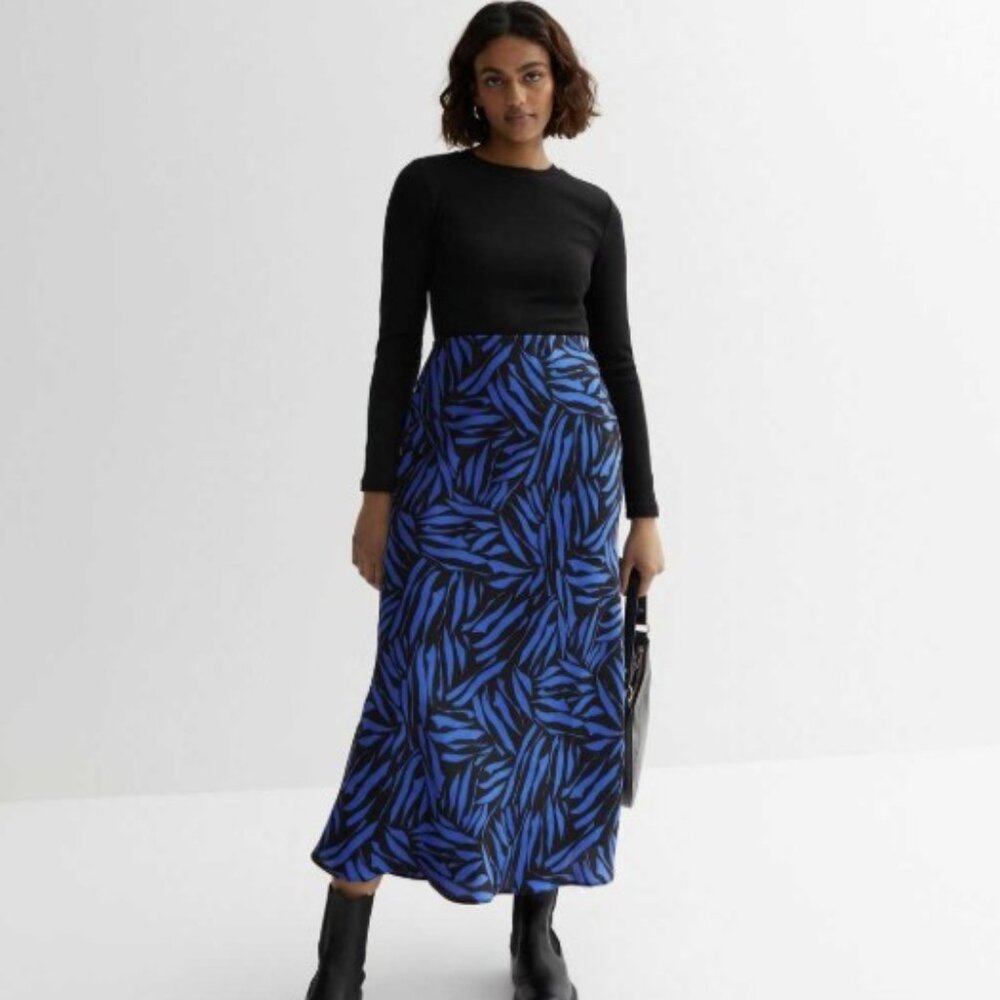 NWOT petite bias midi skirt in black and blue marble 2P